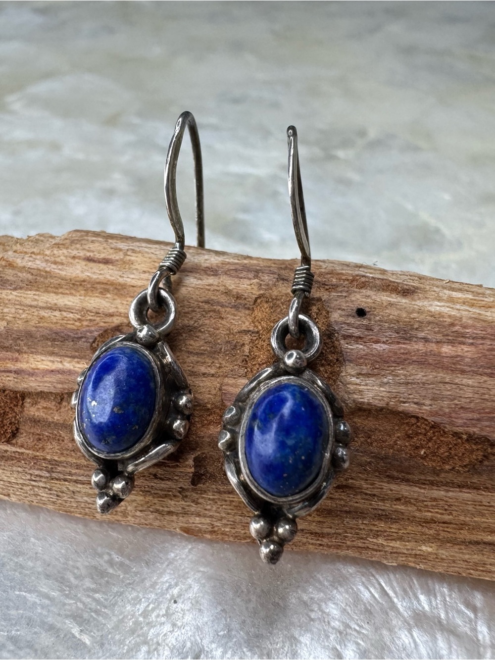 Vtg 925 Sterling Silver Lapis Lazuli Oval Dangle Earrings Bali Dots Hook